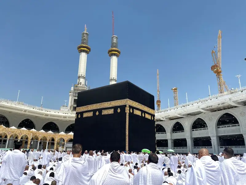 Crowd of worshippers in Mecca surrounding the Kaaba at the Grand Mosque during pilgrimage.